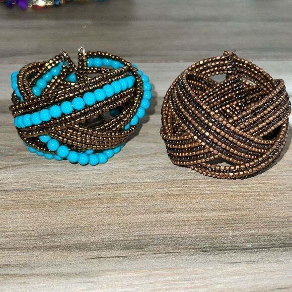 Beaded Wrap Bracelet Lot Women’s Brown And Turquoise Cuff Woven Bangle Bohemian - Picture 1 of 6
